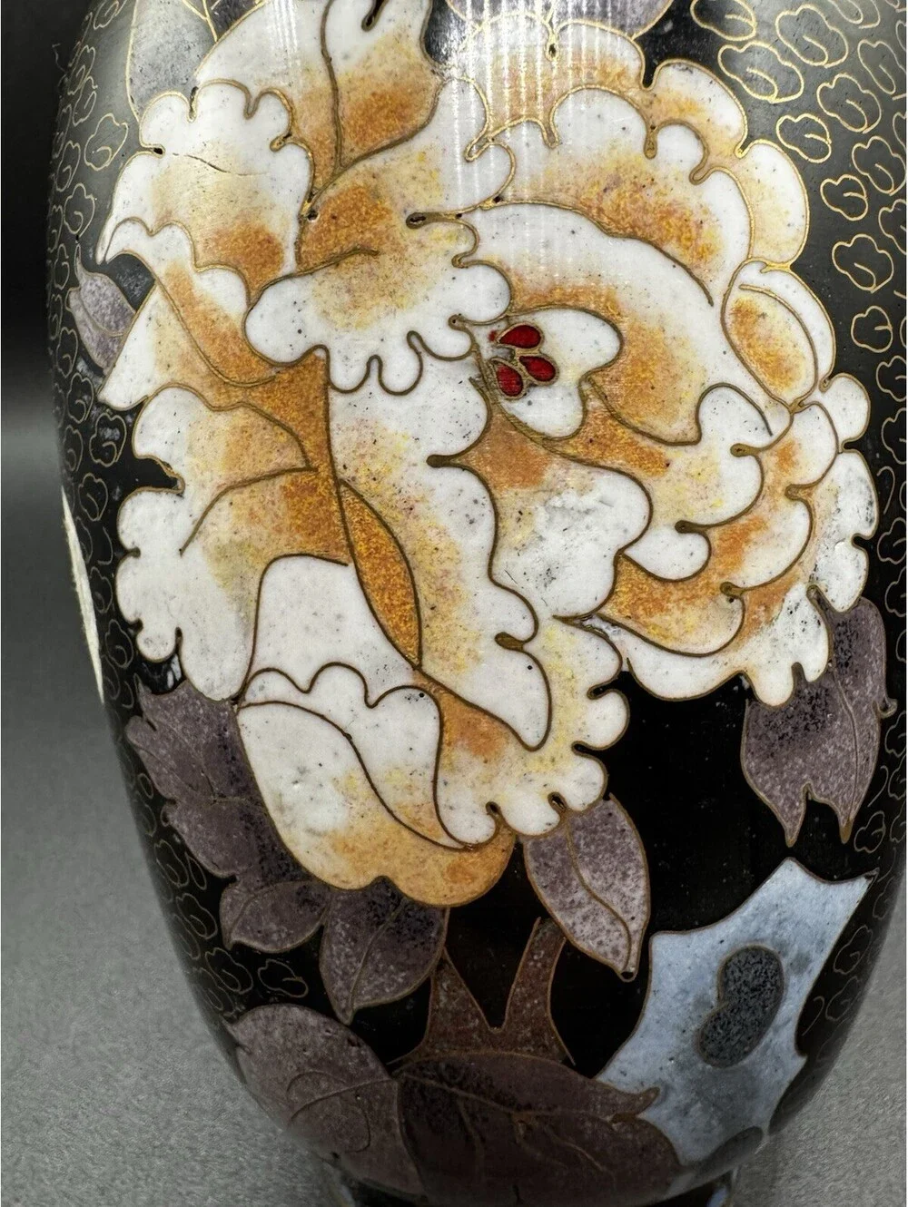 Vintage Brass And Cloisonne Vase China - 8” Flowers Butterfly - Pink & Yellow